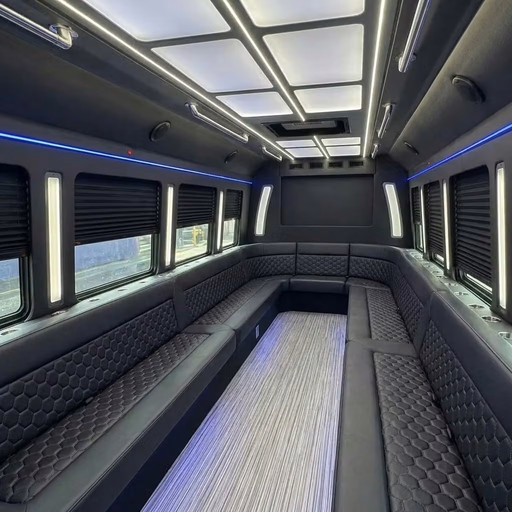 woodstock party bus wraparound seating
